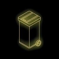 Yellow neon wheeled trash can shining on black background vector