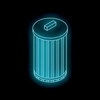 Neon blue trash can shining in darkness, isometric projection vector