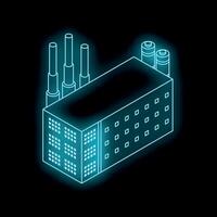 Glowing neon factory with chimneys and battery storage in isometric view vector