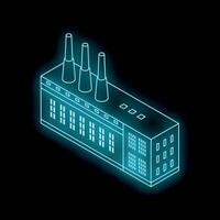 Isometric glowing neon factory building emitting smoke at night vector