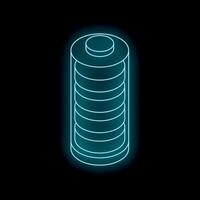 Glowing neon battery icon showing full charge status on dark background vector