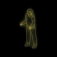 Neon yellow man gesturing showing something on black background vector