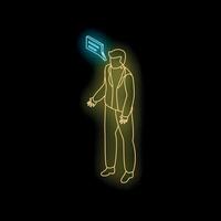 Businessman talking with speech bubble in neon style isometric view vector