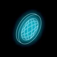 Neon light showing globe grid in round frame on black background vector