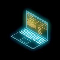 Neon laptop showing programming code on black background vector