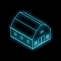 Neon blue barn shining on black background, isometric projection of a farm building vector