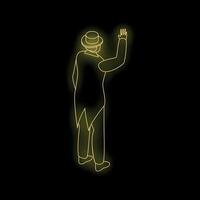 Gentleman in tailcoat and top hat waving goodbye on black background vector