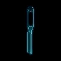 Neon blue chisel glowing on black background, woodworking tool illustration vector