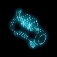 Neon blue air compressor generating compressed air on black background vector