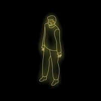 Man wearing protective mask is standing in dark empty space, neon style illustration vector