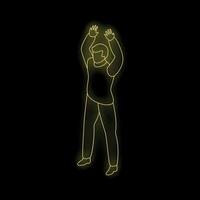 Neon glowing outline of man surrendering with hands up on black background vector