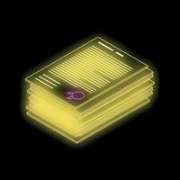 Neon yellow glowing stack of documents with a purple stamp on black background vector
