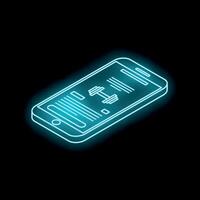 Neon blue smartphone displaying fitness app interface on black background vector