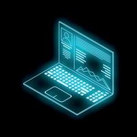 Futuristic neon blue laptop showing data and statistics on black background vector