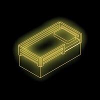 Glowing neon yellow single bed frame on black background vector