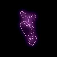 Glowing neon purple hearts floating on black background vector