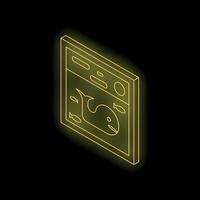 Neon yellow whale and fish website isometric icon on black background vector