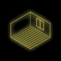 Empty room with wooden floor and window in isometric view glowing yellow neon style vector