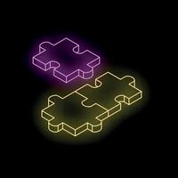 Two puzzle pieces connecting, creating a solution with neon effect vector