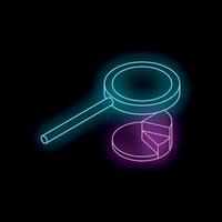 Neon magnifying glass analyzing pie chart on black background vector