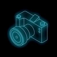 Glowing neon camera icon representing photography and technology vector