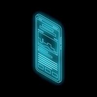 Futuristic neon smartphone showing charts and data on dark background vector