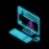Neon computer showing warning alert on black background vector