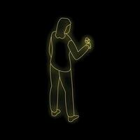 Journalist holding microphone, reporting live news with neon effect on black background vector