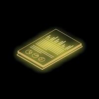 Neon yellow document with charts and graphs glowing on black background vector