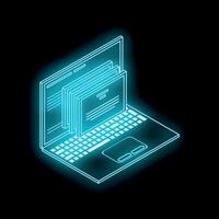 Neon blue laptop displaying digital documents in isometric view vector