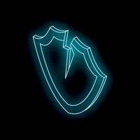 Broken security shield is glowing with neon light on black background vector