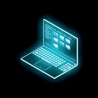 Futuristic glowing laptop showing user interface on dark background vector