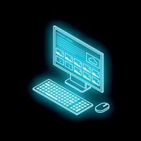Neon blue desktop computer displaying images on black background vector