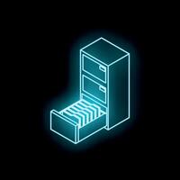 Filing cabinet with open drawer glowing in neon light on dark background vector