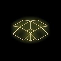 Open cardboard box glowing in yellow neon light on dark background vector