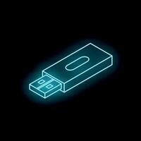 Glowing neon usb flash drive on dark background vector