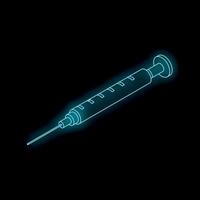 Glowing neon syringe on dark background, injecting hope or fear vector