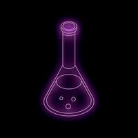 Glowing neon purple erlenmeyer flask on black background representing chemistry and science vector
