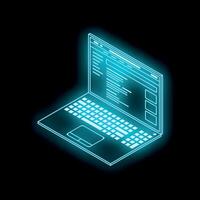 Futuristic neon blue laptop showing programming code on black background vector