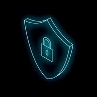 Glowing shield protecting data with padlock, providing security vector