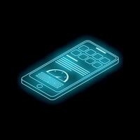 Neon smartphone showing speedometer and menu icons on dark background vector