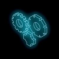 Glowing neon gears rotating smoothly on black background vector