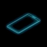 Neon blue smartphone glowing on black background, futuristic technology concept vector