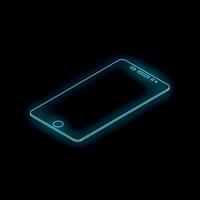 Futuristic glowing smartphone on black background, neon blue light contours a mobile device vector