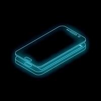 Neon blue smartphone glowing on black background, futuristic communication technology vector