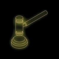 Yellow neon gavel striking sound block on black background vector