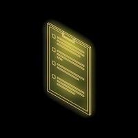 Glowing neon yellow clipboard with checklist on black background vector