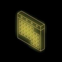 Glowing neon yellow calendar icon on dark background representing scheduling and time management vector