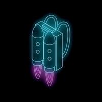 Neon jetpack flying with rocket boosters on black background vector