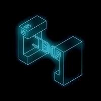 Neon blue blockchain technology connecting two blocks securely on black background vector